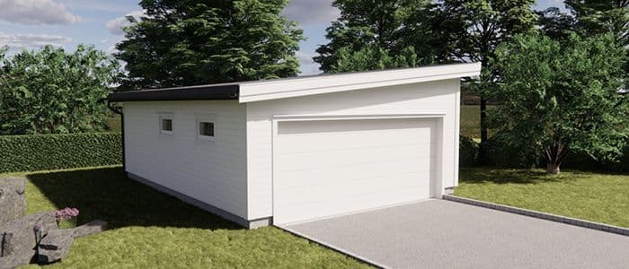 Dobbelgarasje med bod og skråtak på 6 grader.