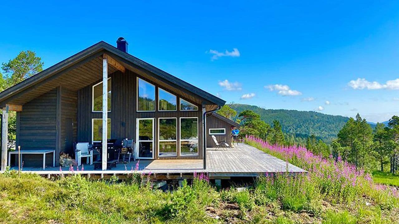 Stor brun hytte med flere vinduer i skogen en fin sommerdag.