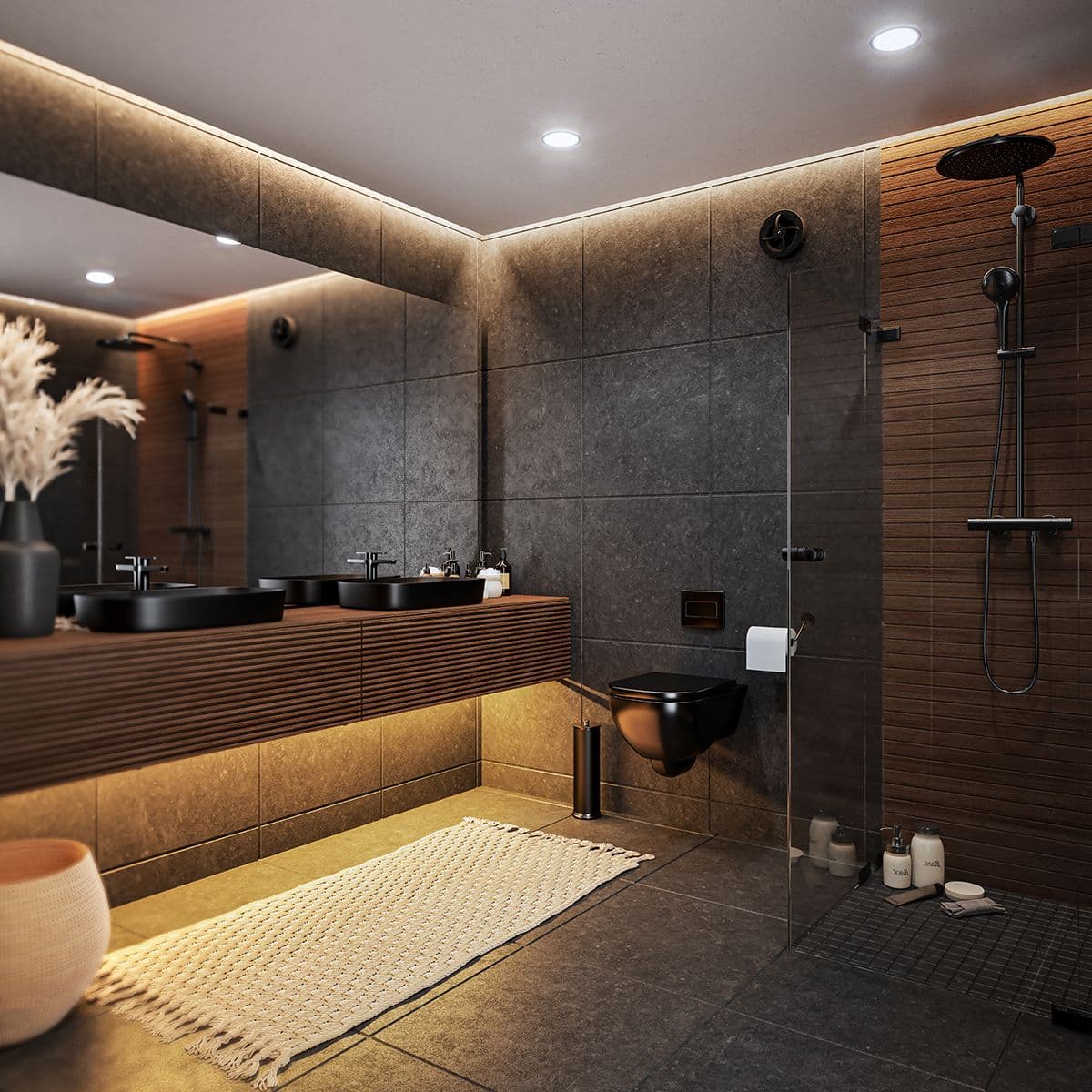 Bad med mørke fliser og tre, baderomsvifte og ventiler i matt sort