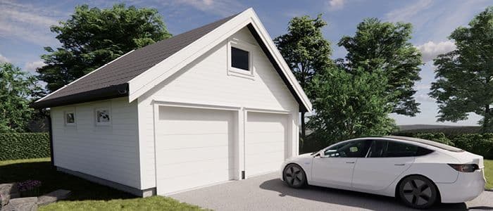 Dobbelgarasje med to porter og bil foran.