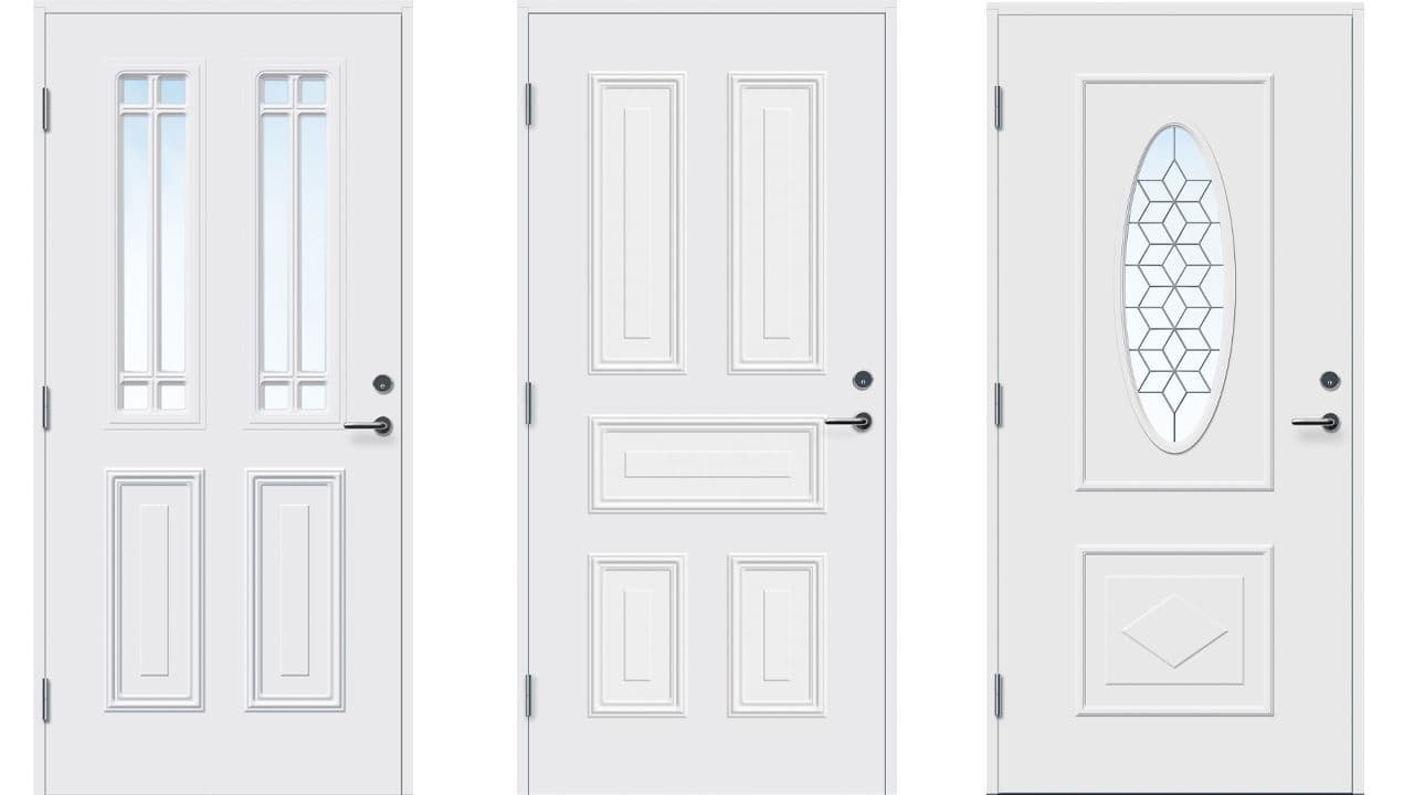 Produktbilder av tre hvite klassiske ytterdører.