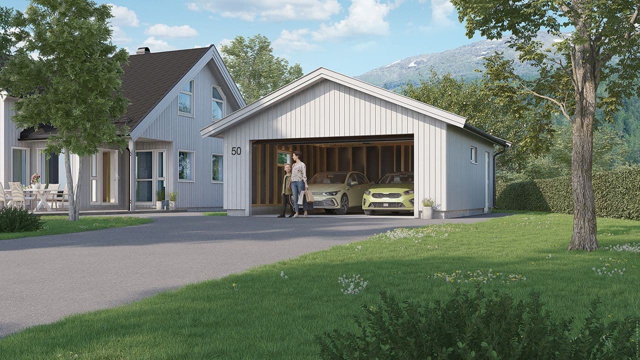 Dobbelgarasje fra Saltdalsgarasjen med to parkerte biler og familie utenfor garasjen.