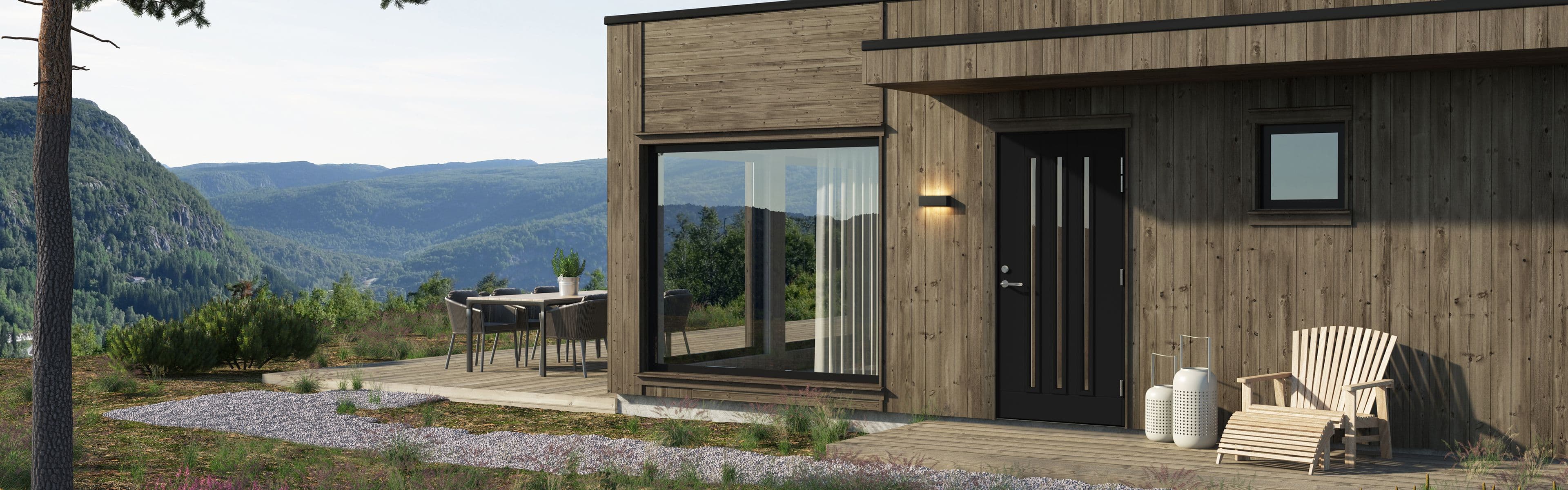 Moderne funkishus med sort ytterdør i landlige omgivelser