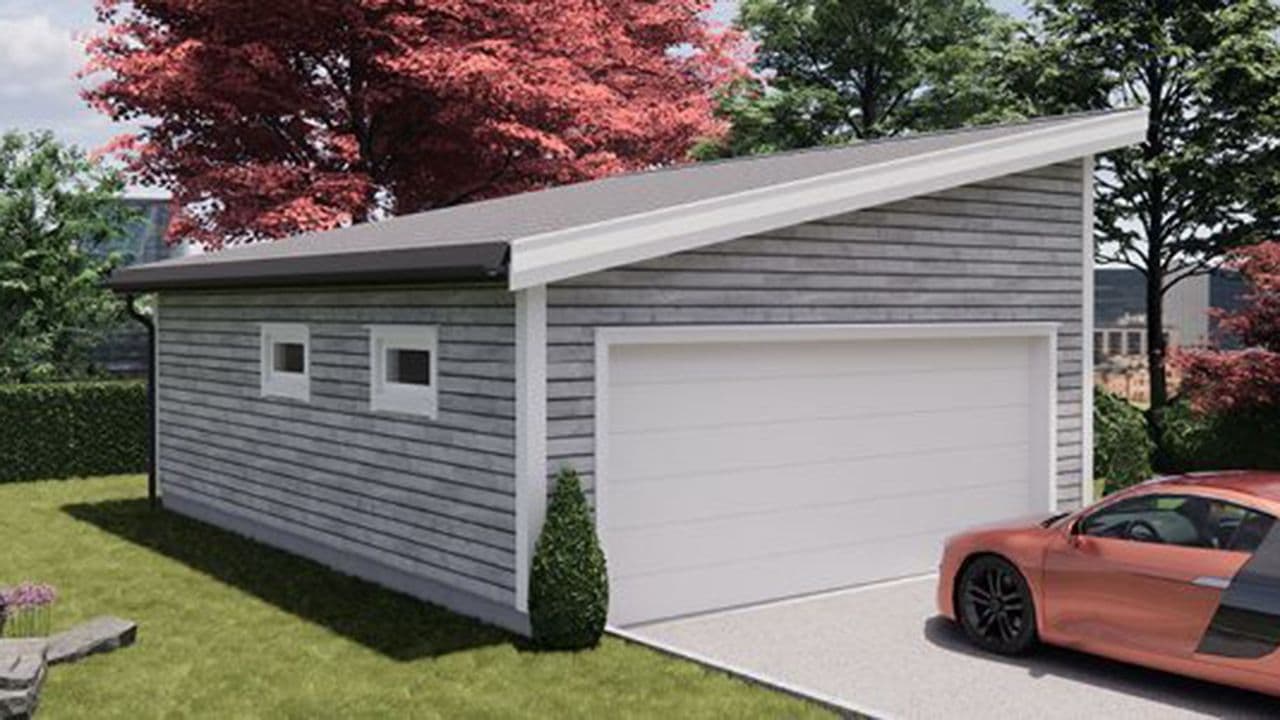 Garasje 7b: Lang dobbelgarasje m/bod, skråtak 12 grader