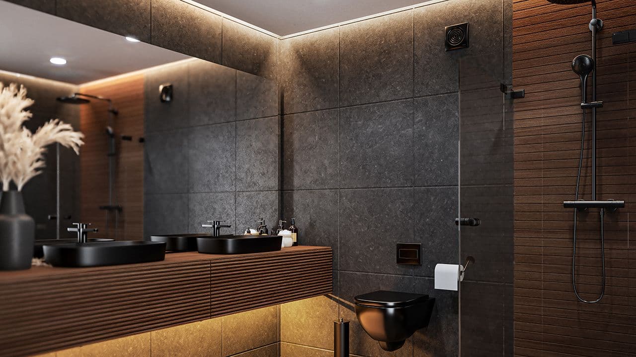 Svart ventilasjon på badet.