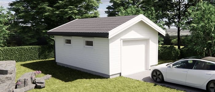 Enkelgarasje med bil foran.