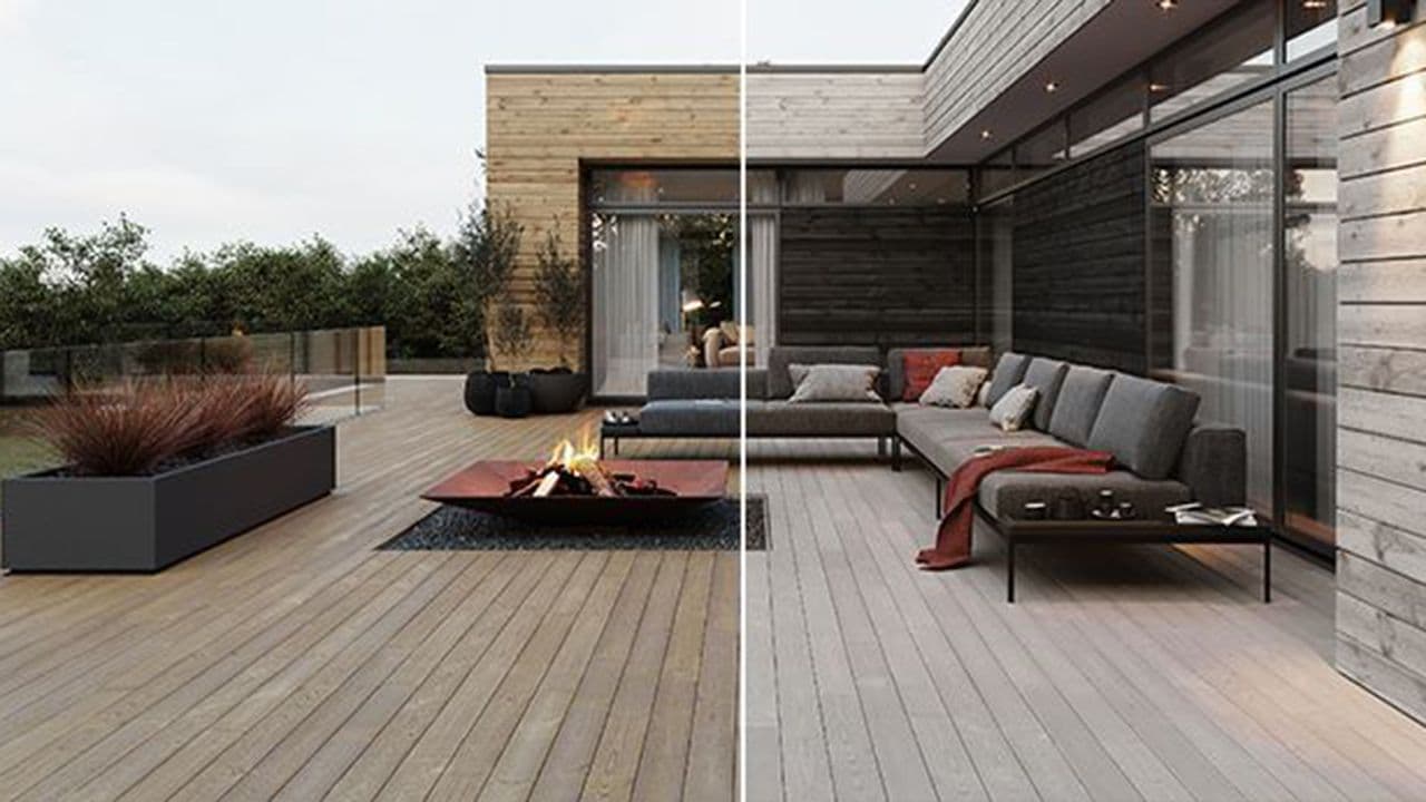 Uteområde med terrasse med lekter før og etter gråning.