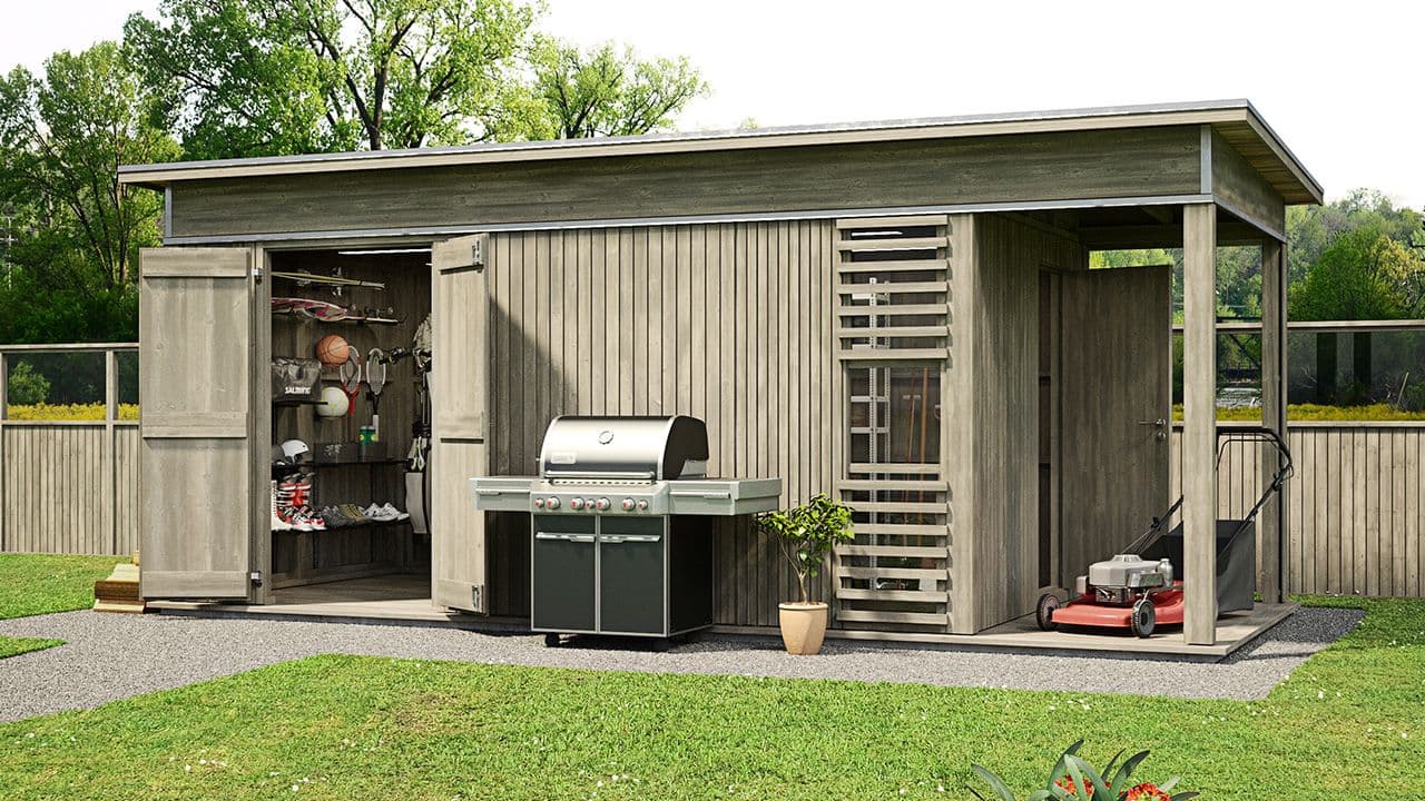 Utebod som redskaps- og sportbod med grill utenfor.