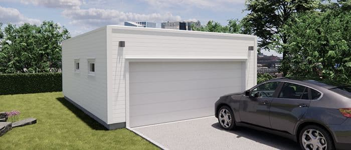 Dobbelgarasje med bod og flatt tak.