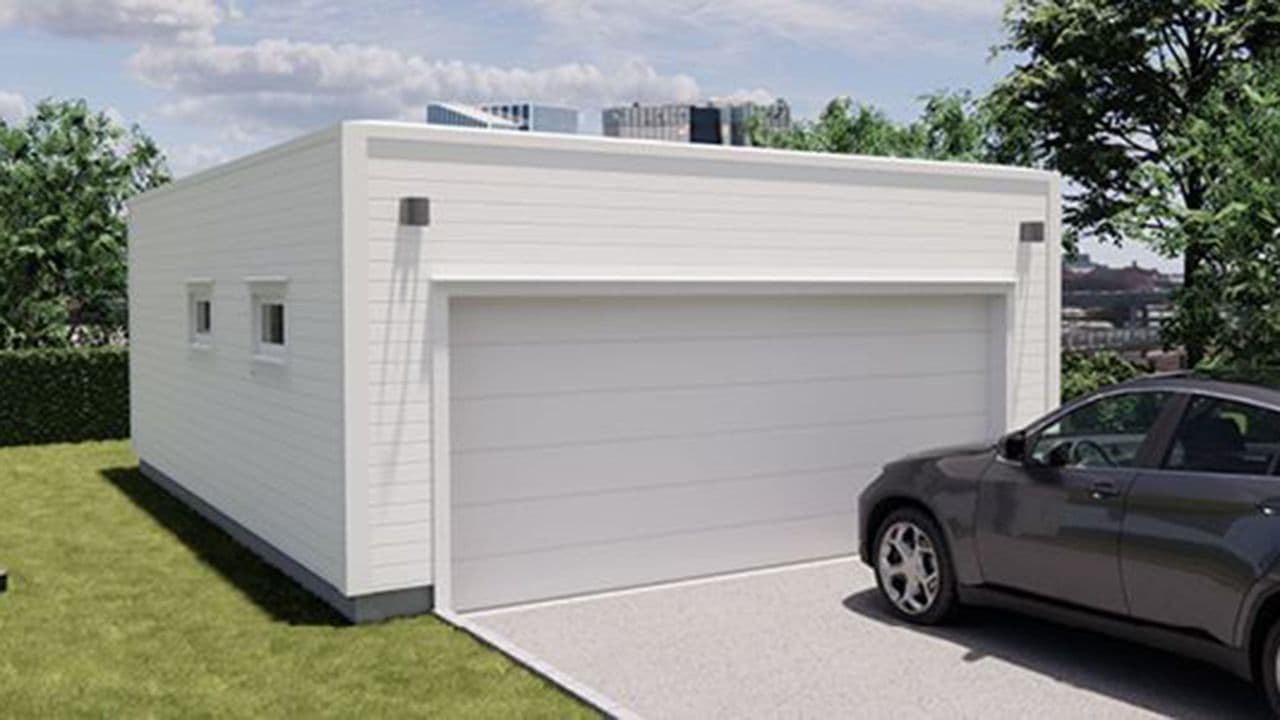 Garasje 8a: Lang dobbelgarasje m/bod, flatt tak