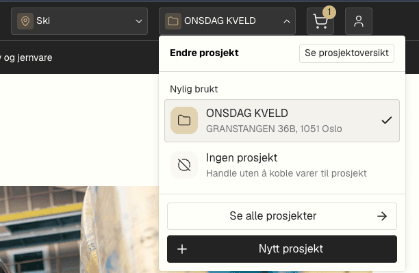 Velg prosjekt fra headeren