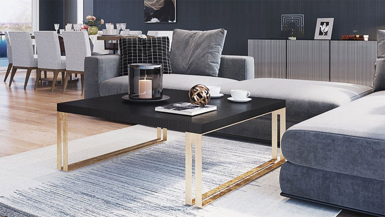 Stue med sofa, stuebord og skjenk.