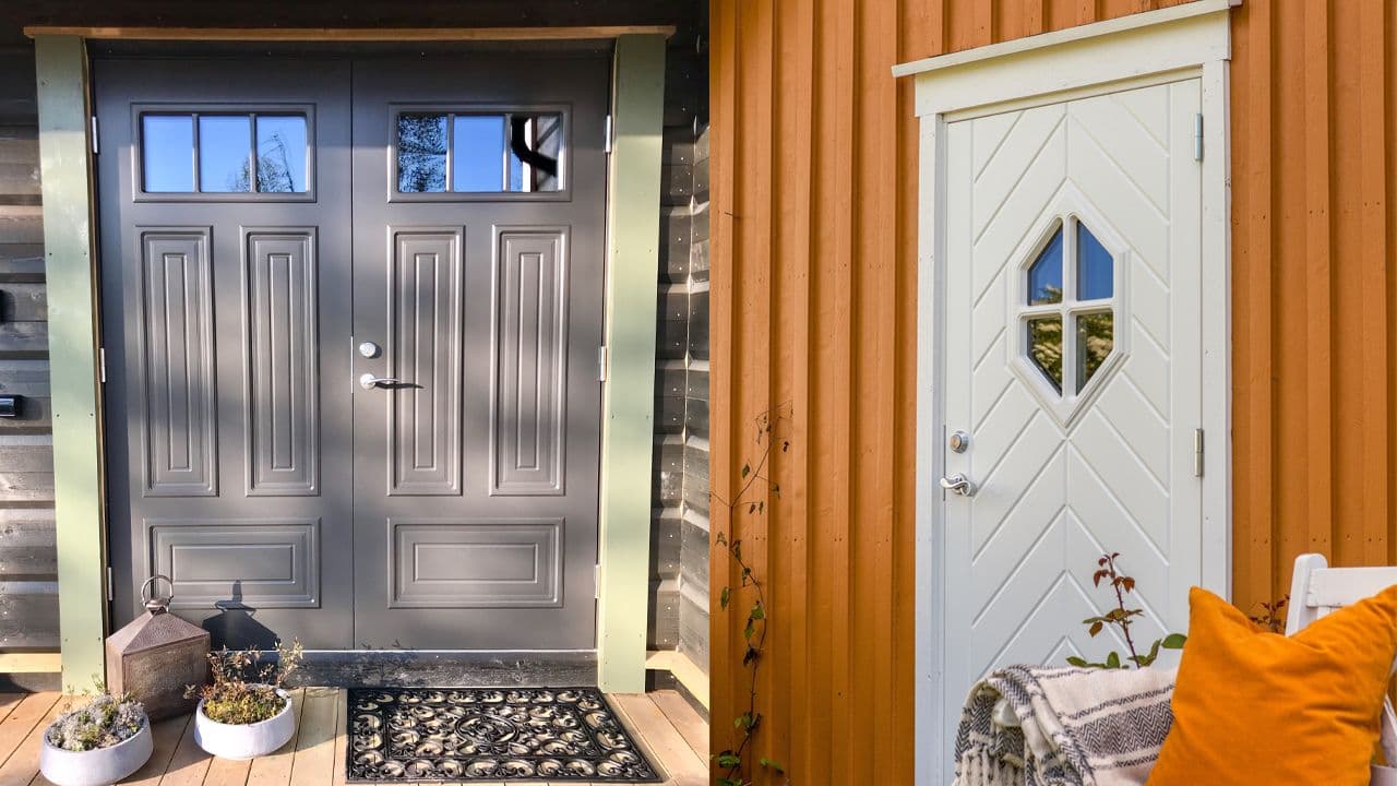 Grå dobbel ytterdør og hvit ytterdør i herskapelig stil.